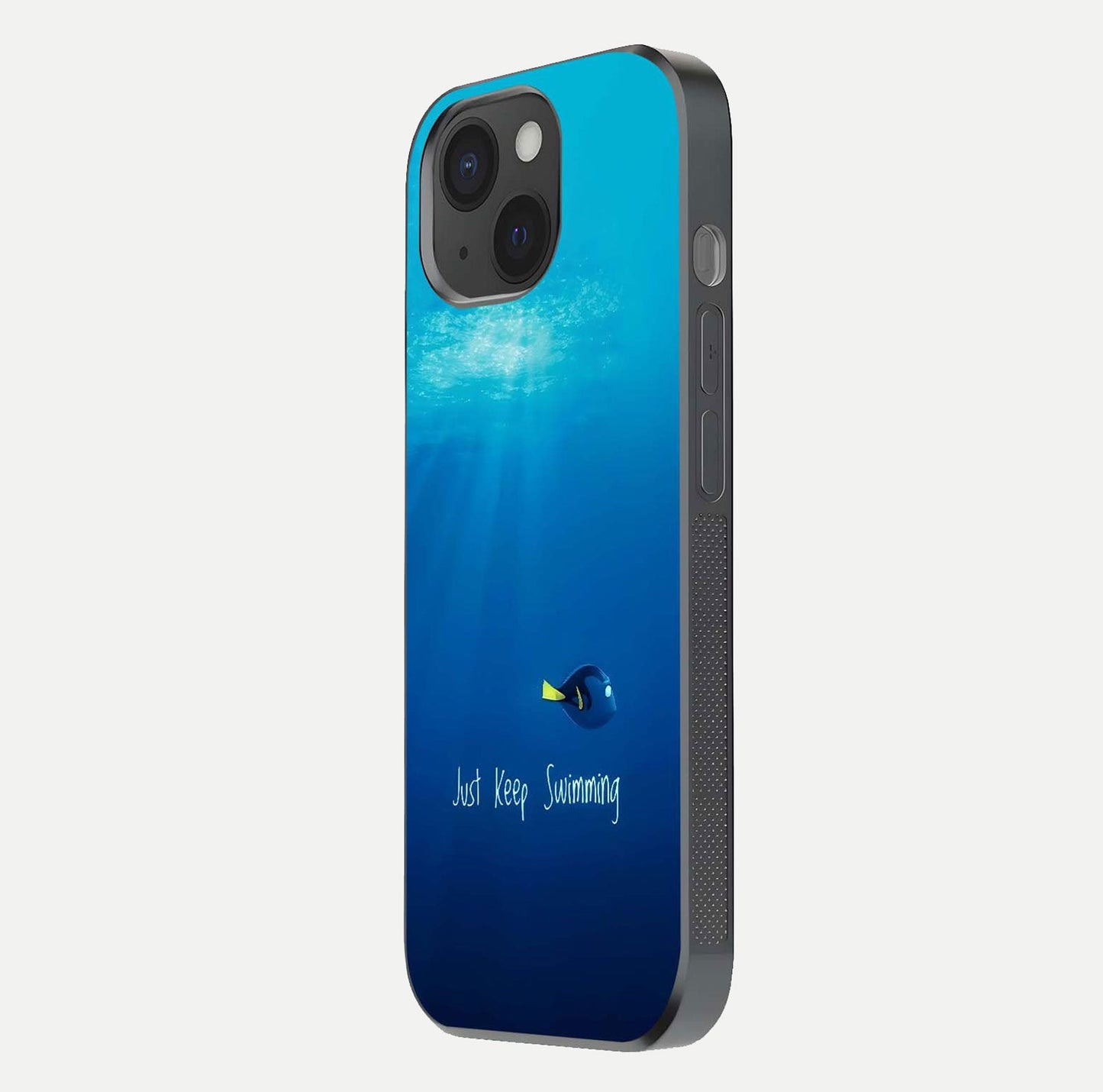 Just Keep Swimming Glass Case for iPhone 15 side-angle image highlighting reflective surface and positive quote