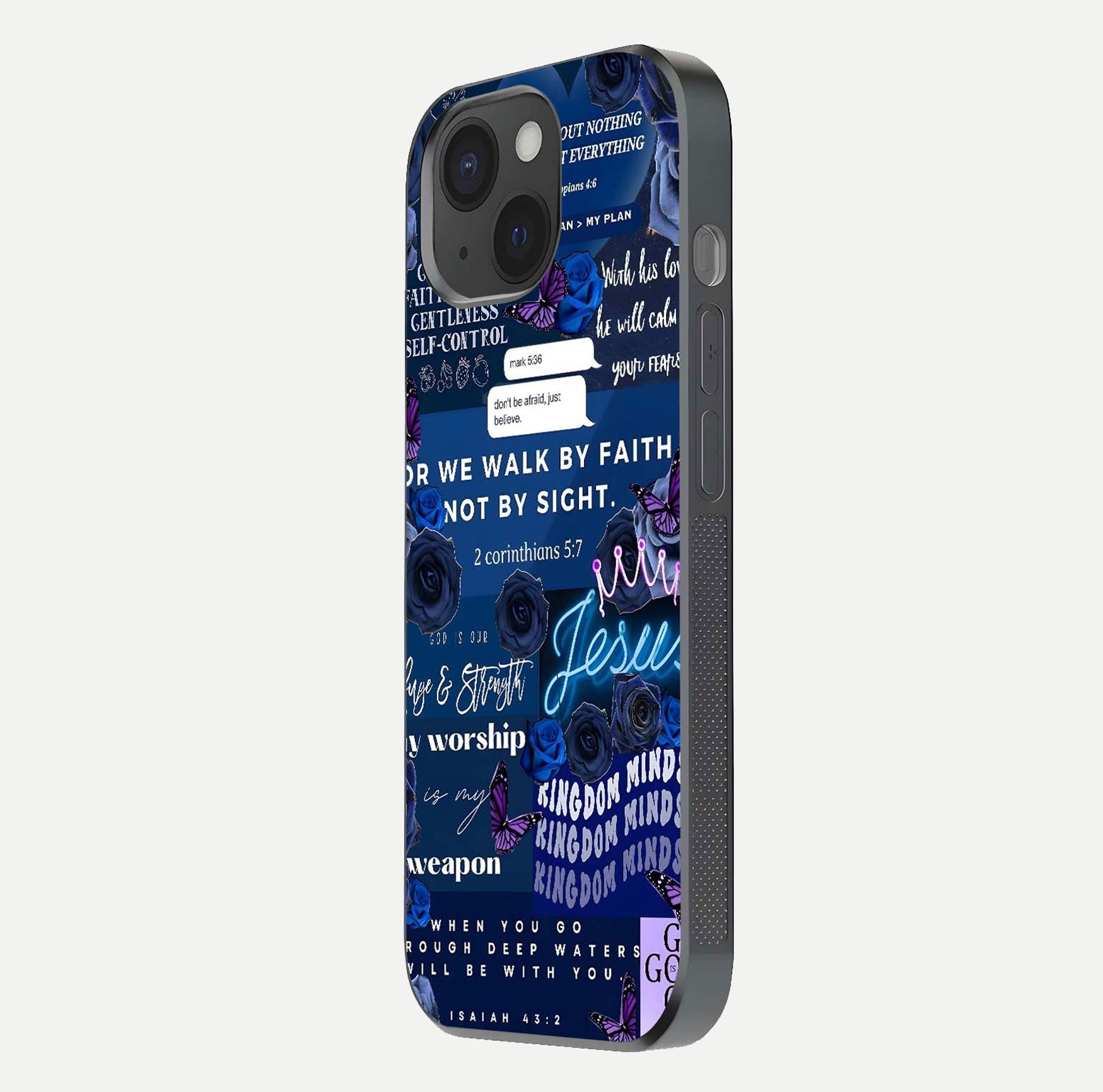 Kingdom Faith Glow Glass Case for iPhone 15 side-angle image with reflective cross and faith glow