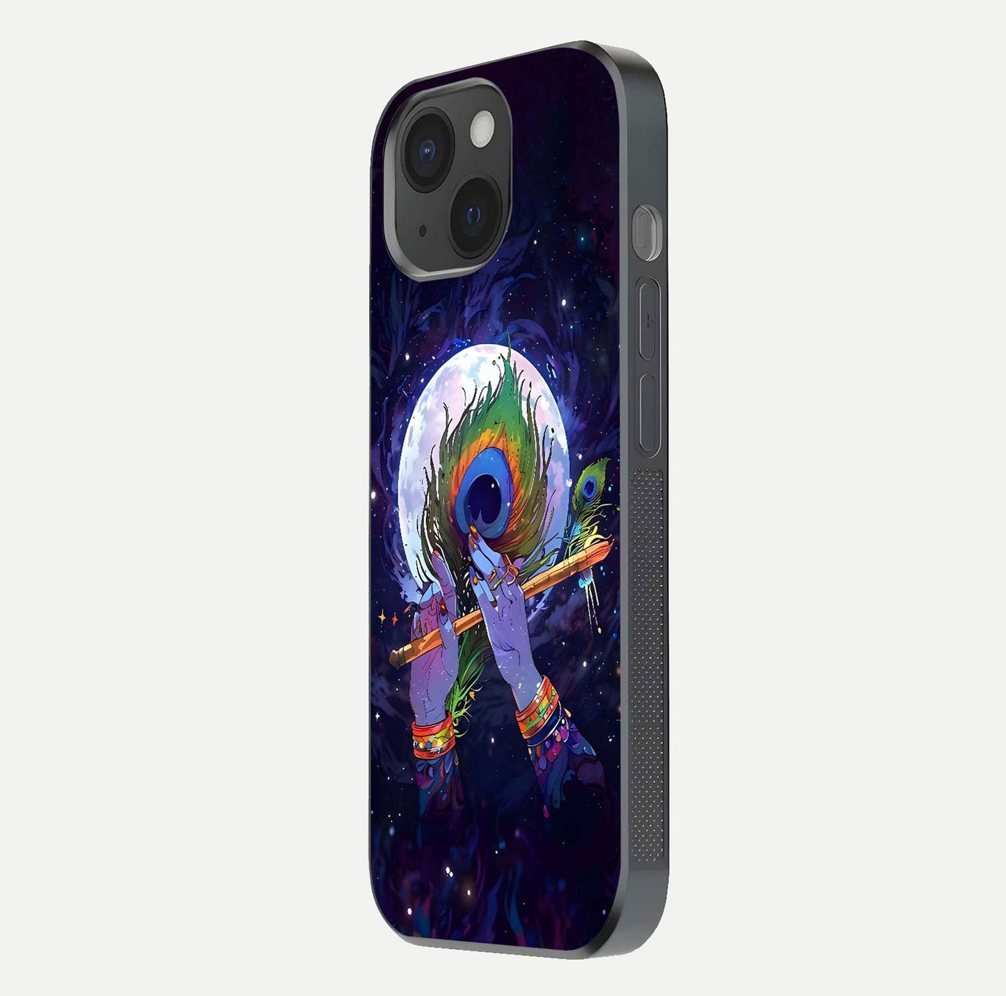 Krishna Hands Art Glass Case for iPhone 15 side-angle image highlighting reflection brightness and vivid print