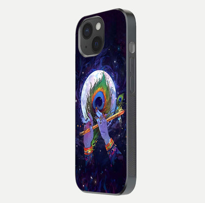 Krishna Hands Art Glass Case for iPhone 15 side-angle image highlighting reflection brightness and vivid print