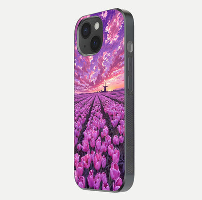 Lavender Dream Skies Glass Case for iPhone 15 side-angle image showing reflection depth and serene tones