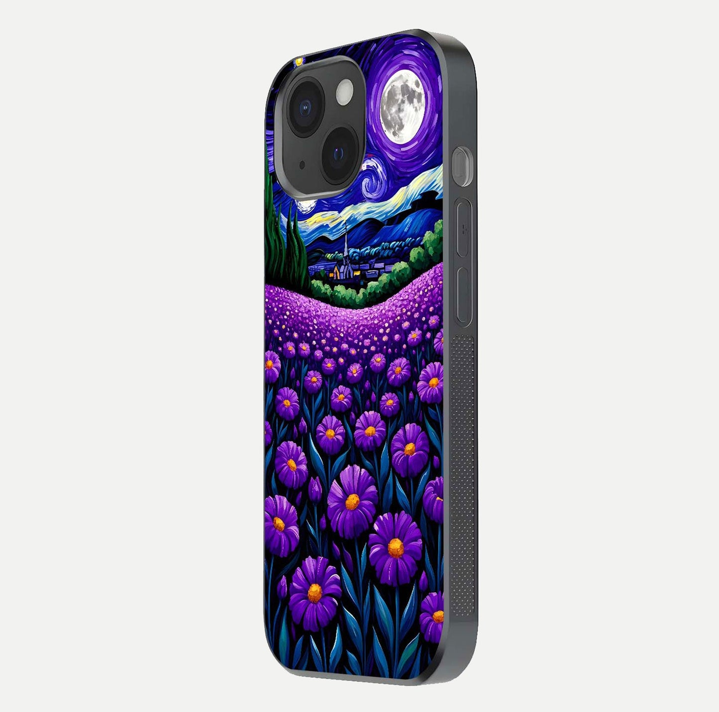 Lavender Moon Field Glass Case for iPhone 15 side-angle image showing HD reflection and moonlit lavender art