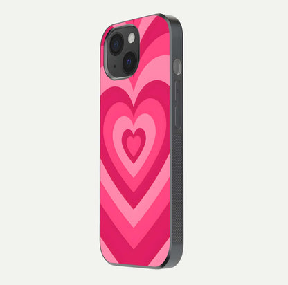 Layered Love Hearts iPhone 15  glass phone case side profile view focusing on sleek edges and seamless wrap