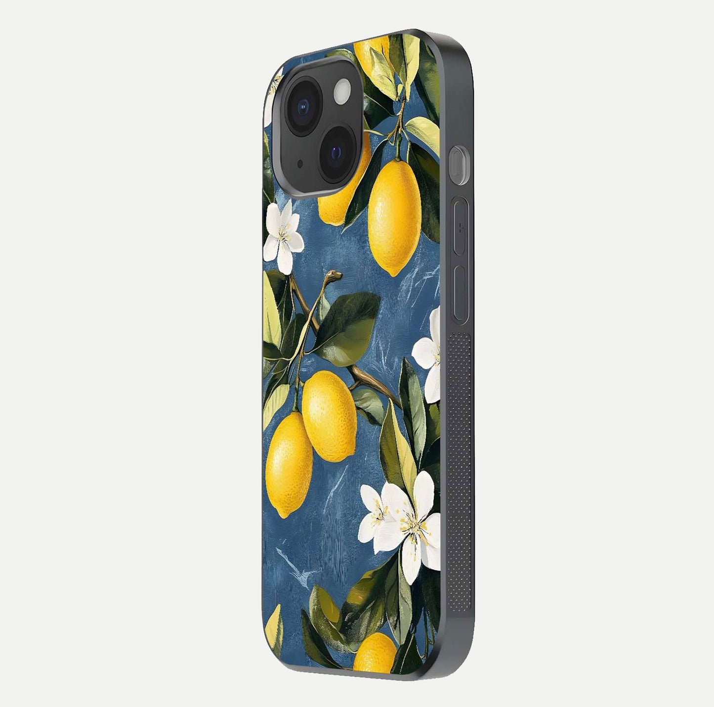 Lemon Dream Garden Glass Case for iPhone 15 side-angle image showing reflection clarity and artistic fruit design