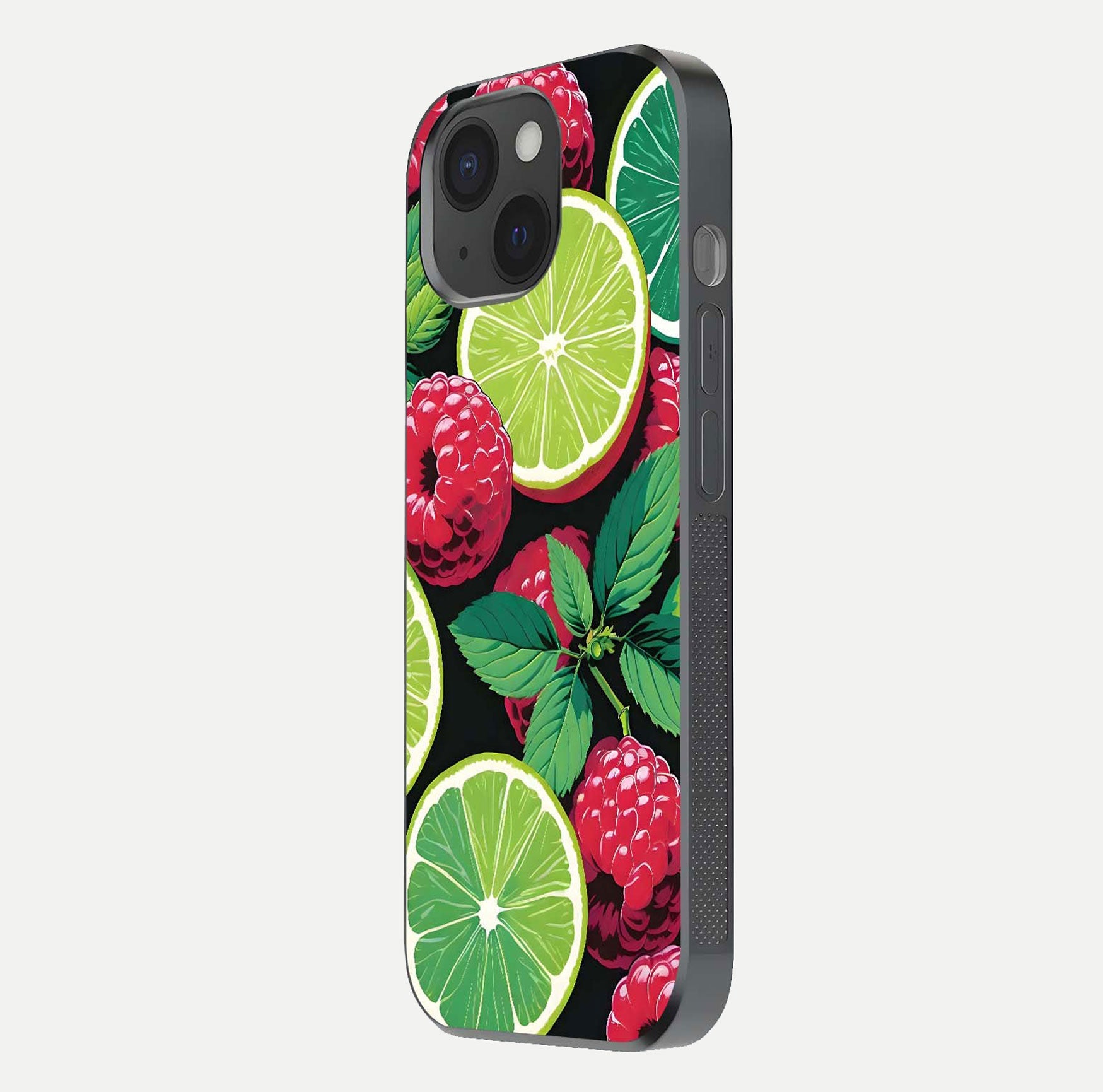 Lime and Raspberry Pattern Glass Case for iPhone 15 side-angle view revealing colorful fruit artwork details