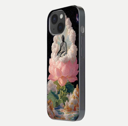 Lotus Divine Peace Glass Case for iPhone 15 side-angle shot showing elegant shine and floral symmetry