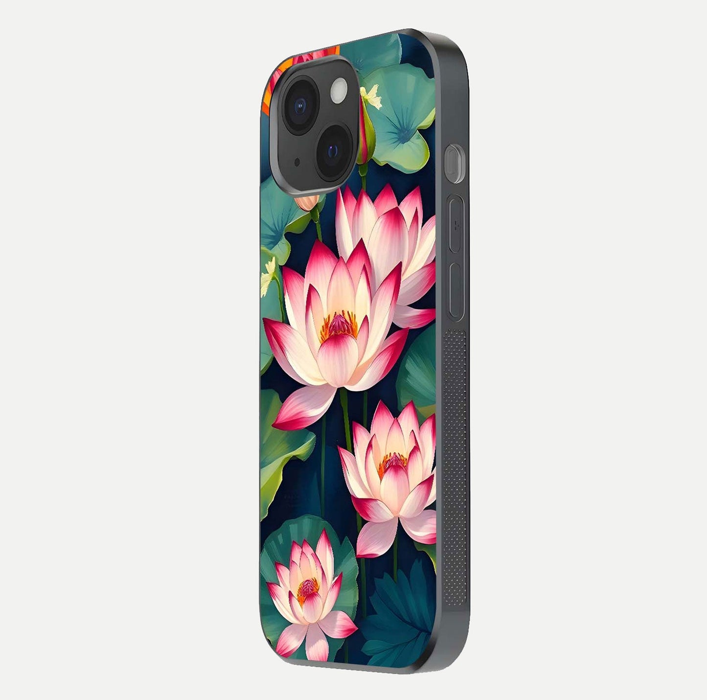 Lotus Dream Serenity Glass Case for iPhone 15 side-angle image revealing reflection clarity and calm tones