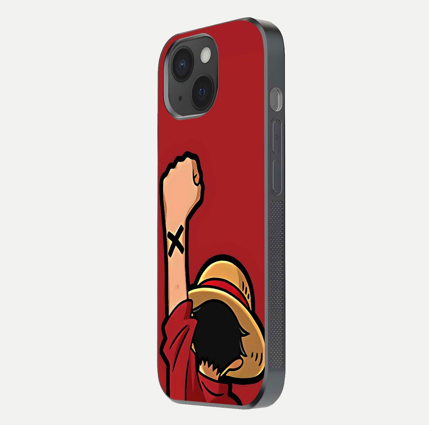 Luffy X Spirit Glass Case for iPhone 15 side-angle image highlighting reflection strength and anime print