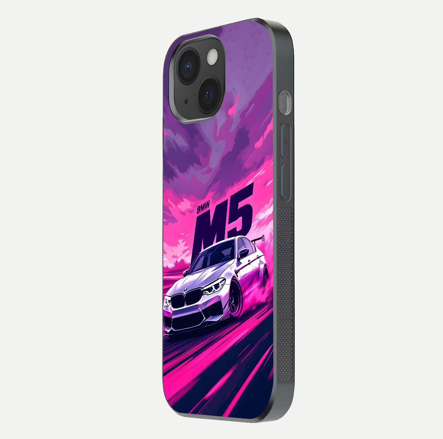 MS Neon Car Glass Case for iPhone 15 side-angle image showing glow reflection and car detailing