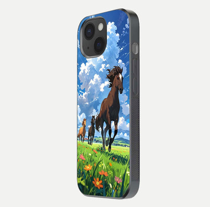 Majestic Horses Galloping Glass Case for iPhone 15 side-angle shot emphasizing reflection and running artwork