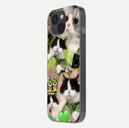 Matcha Cats Mood Glass Case for iPhone 15 side-angle image showing shine clarity and cat pattern charm