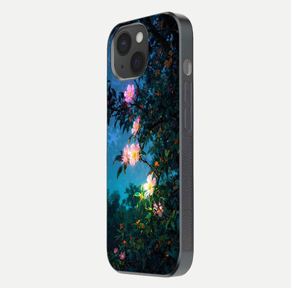 Midnight Bloom Glow Glass Case for iPhone 15 side-angle image revealing reflection and deep midnight hues