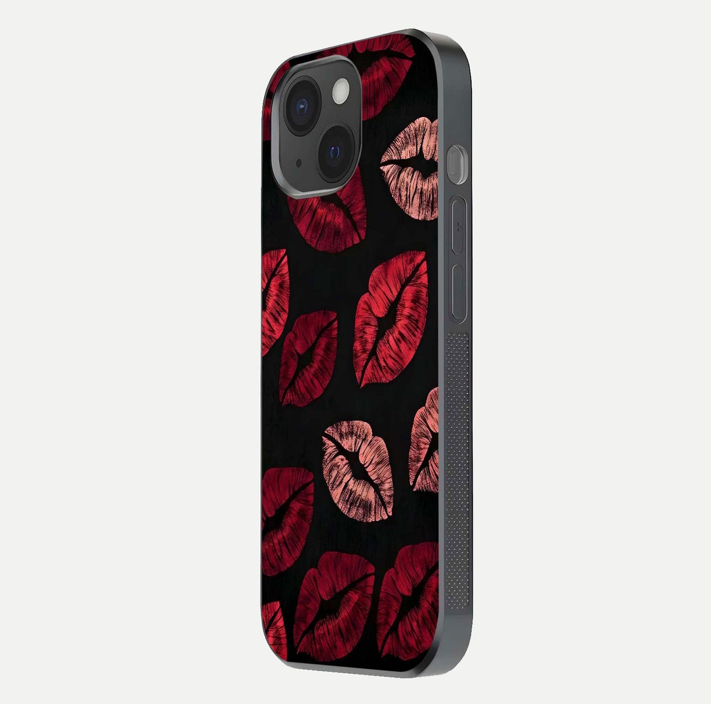 Midnight Kiss Love Glass Case for iPhone 15 side-angle image revealing gloss texture and deep love motif