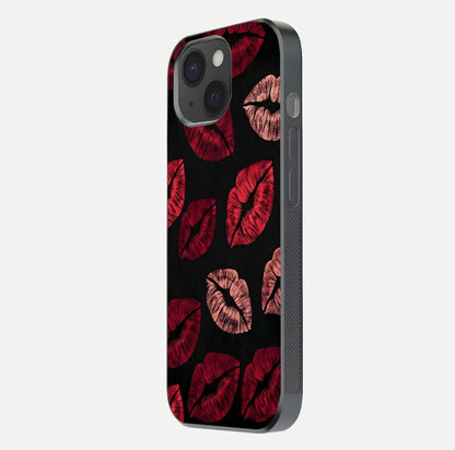 Midnight Kiss Love Glass Case for iPhone 15 side-angle image revealing gloss texture and deep love motif