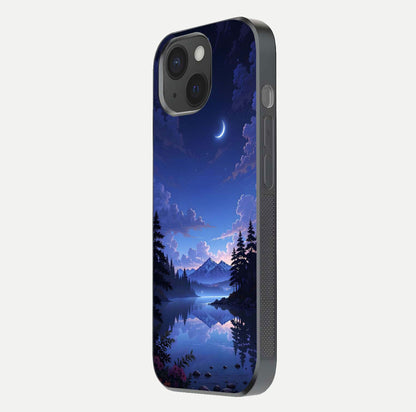 Midnight Lake Peace Glass Case for iPhone 15 side-angle image showing HD shine and tranquil color tones