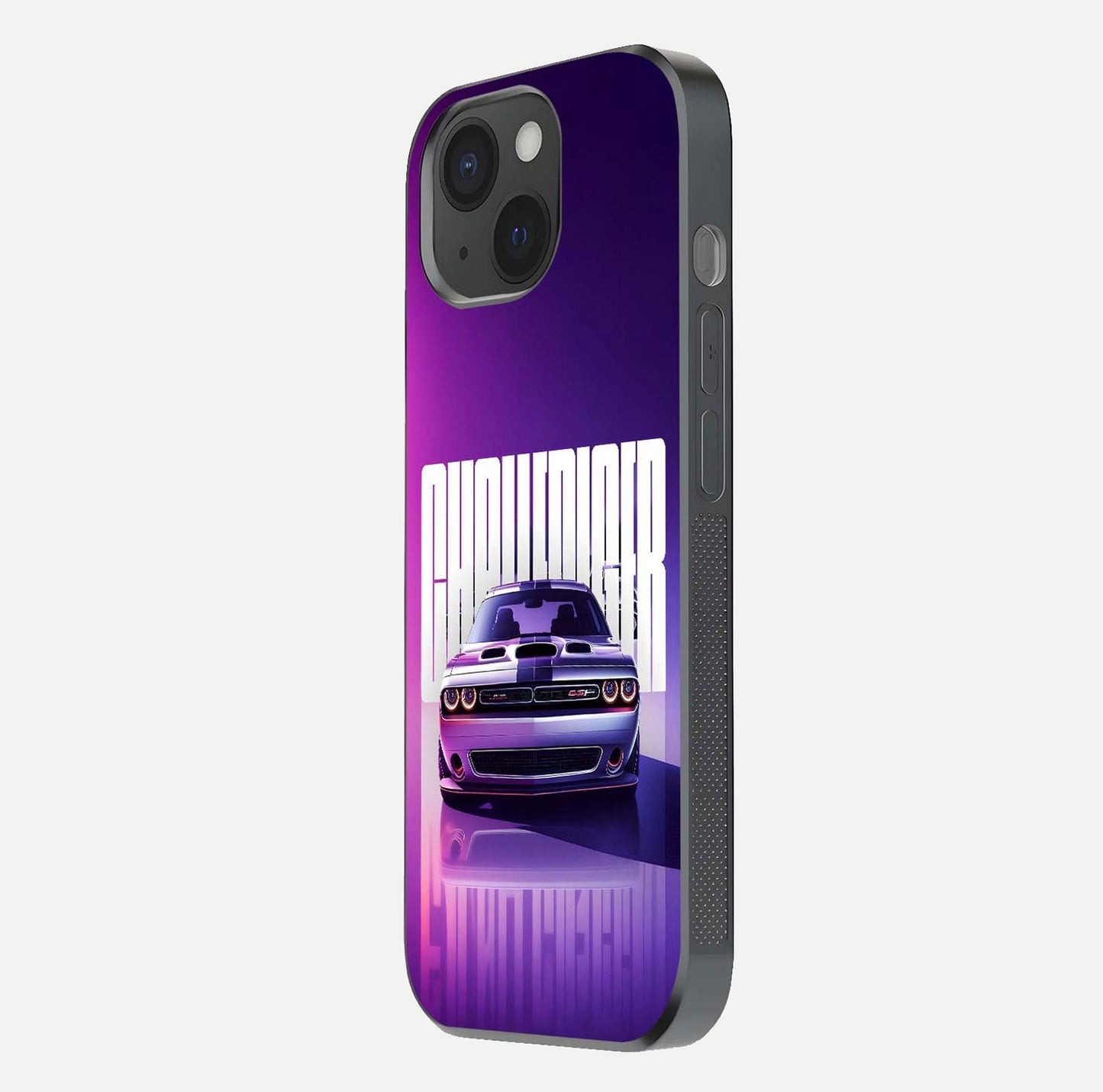 Midnight Muscle Ride Glass Case for iPhone 15 side-angle image showing reflection clarity and bold design