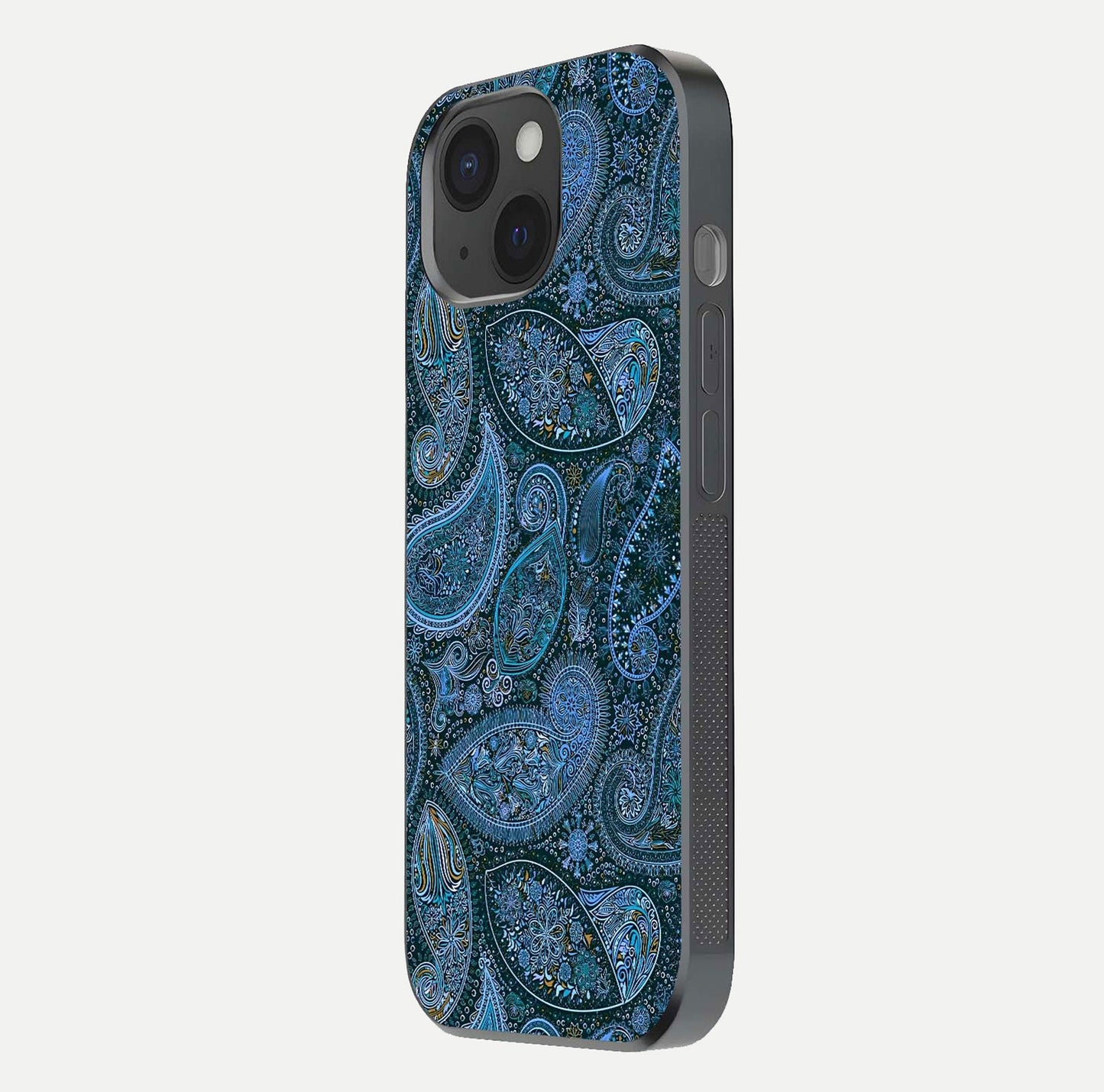 Midnight Paisley Glow Glass Case for iPhone 15 side-angle image revealing reflective gloss and paisley art