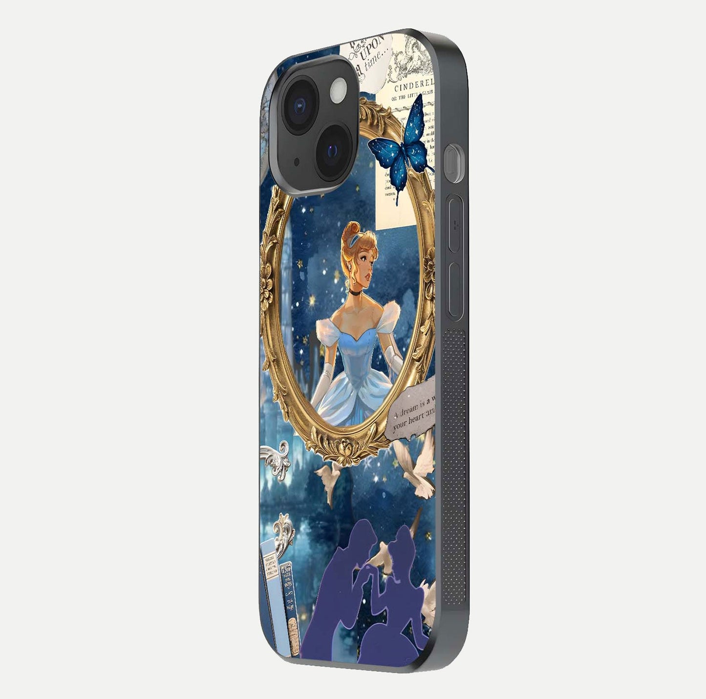 Midnight Queen Glass Case for iPhone 15 side-angle image showing reflection brightness and elegant tone