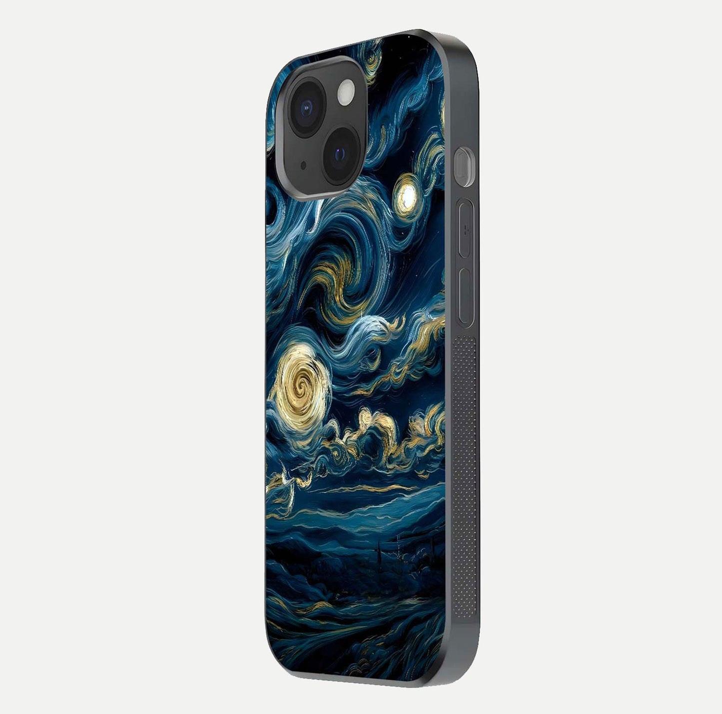 Midnight Sky Whirl Glass Case for iPhone 15 side-angle image showing reflection depth and galaxy pattern