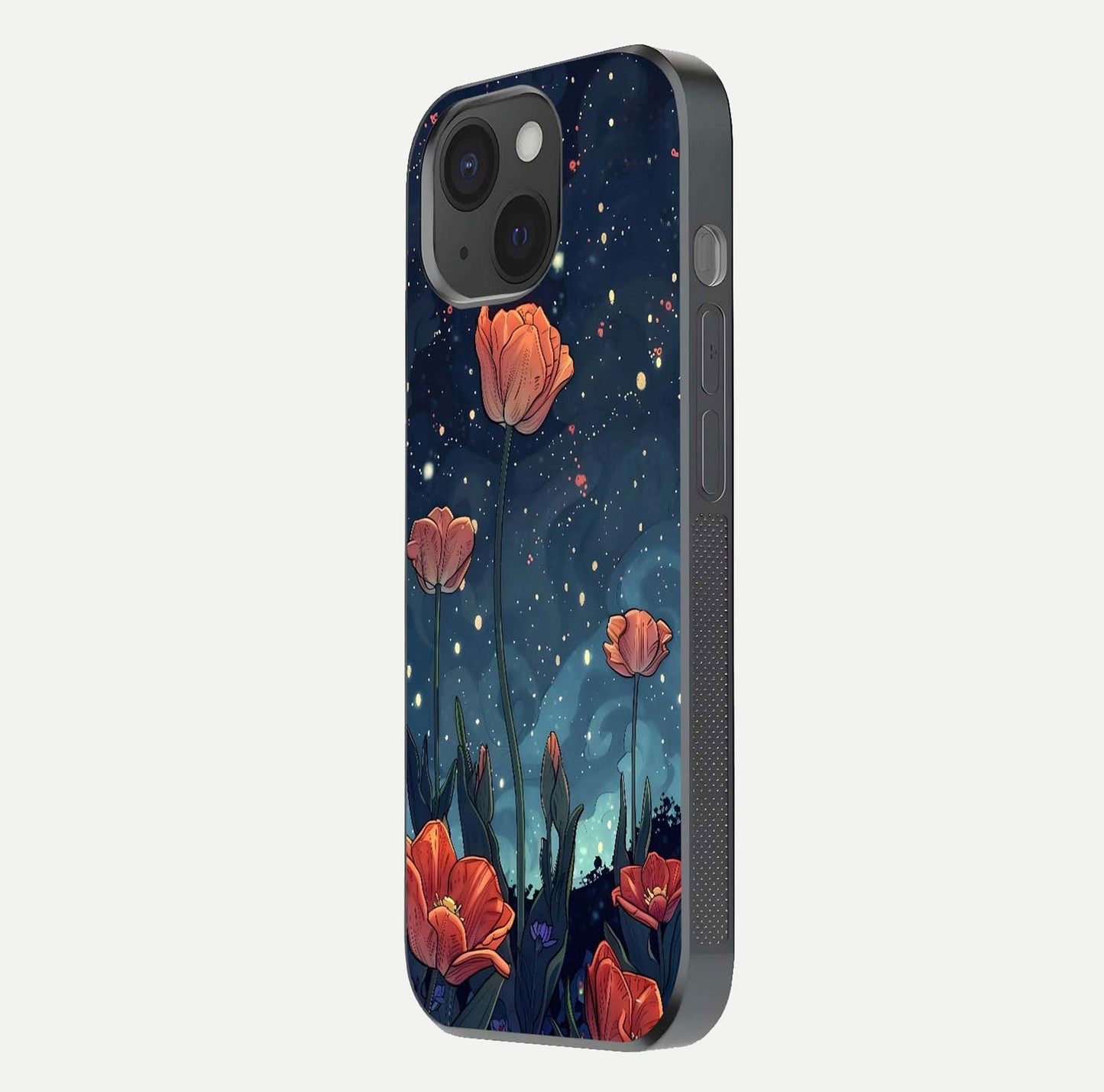 Midnight Tulip Glow Glass Case for iPhone 15 side-angle image showing shine depth and flower artwork