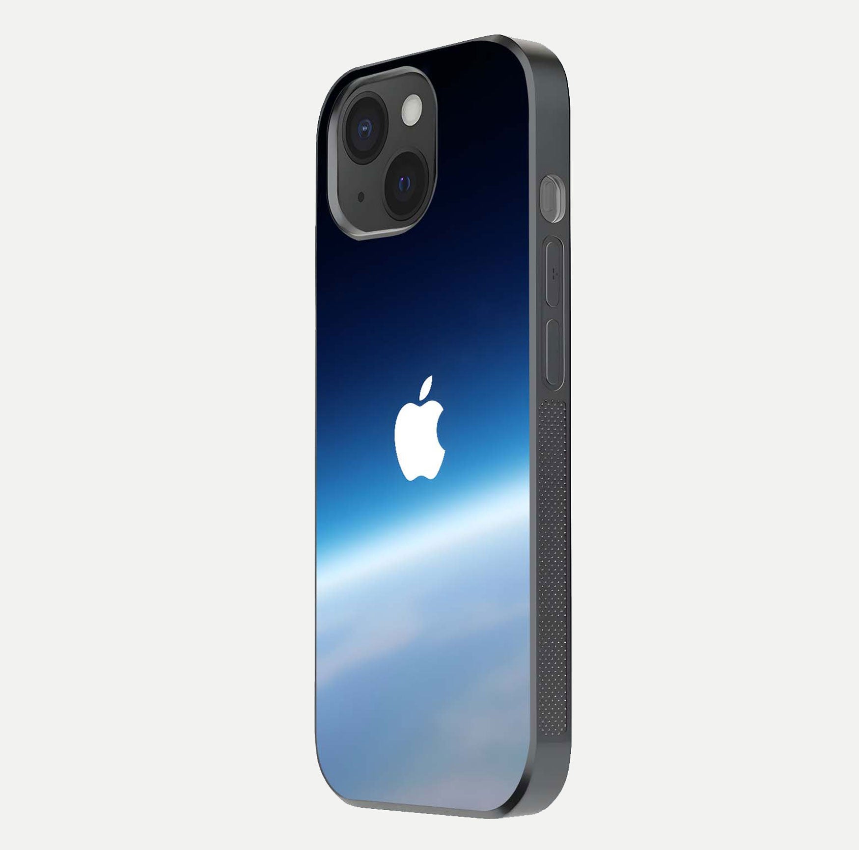 Minimal Apple Sky Glass Case for iPhone 15 side-angle image showing smooth reflection and gentle sky tone