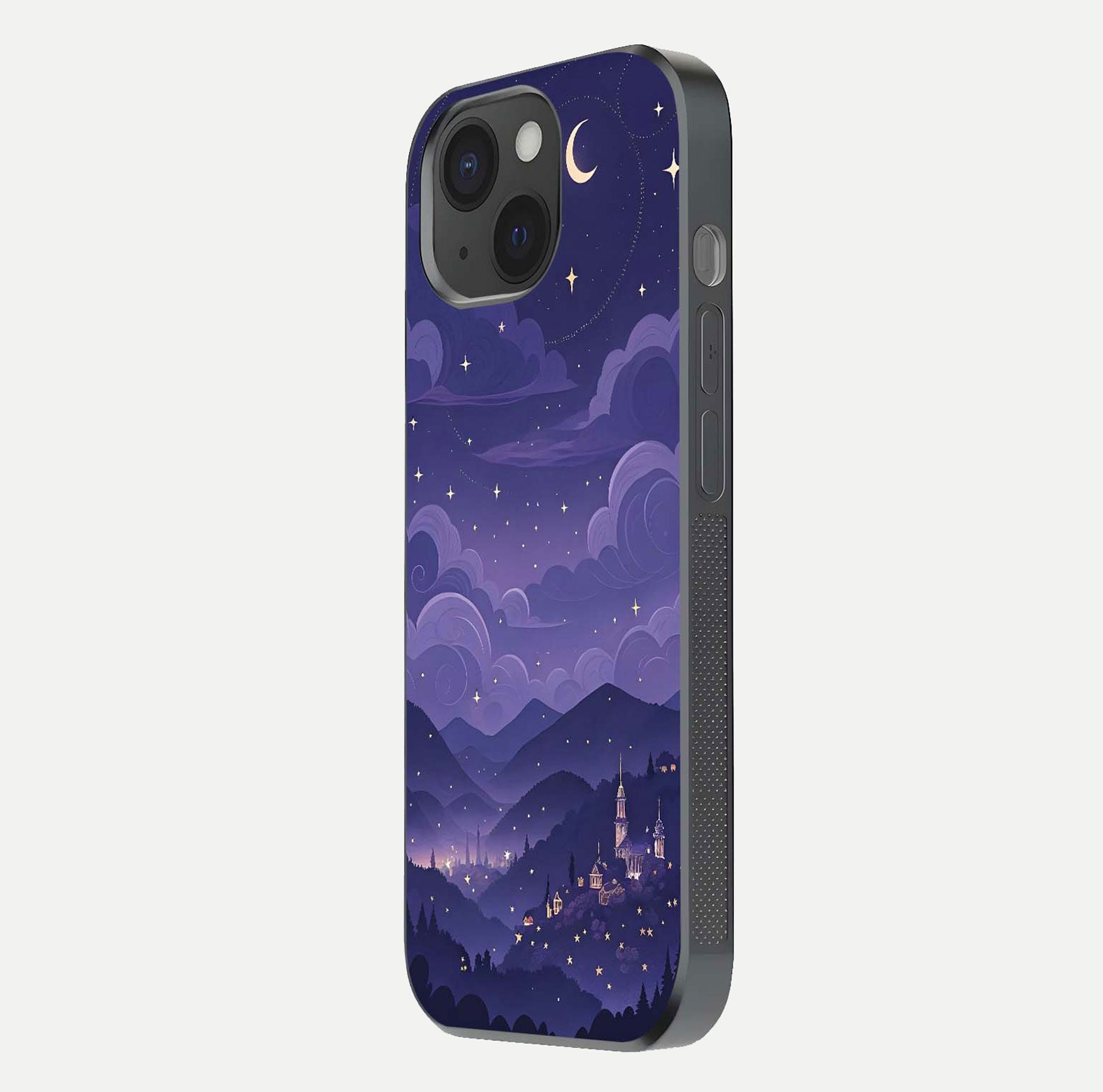 Minimal Night View Glass Case for iPhone 15 side-angle image showing subtle reflection and urban design