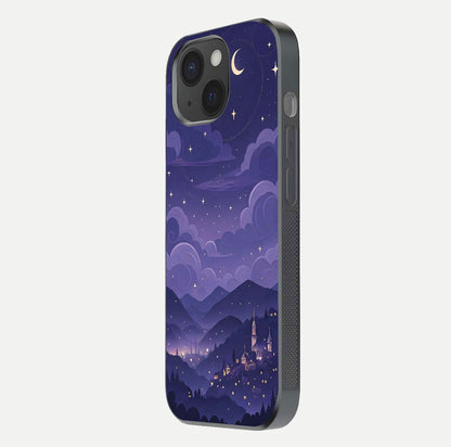 Minimal Night View Glass Case for iPhone 15 side-angle image showing subtle reflection and urban design