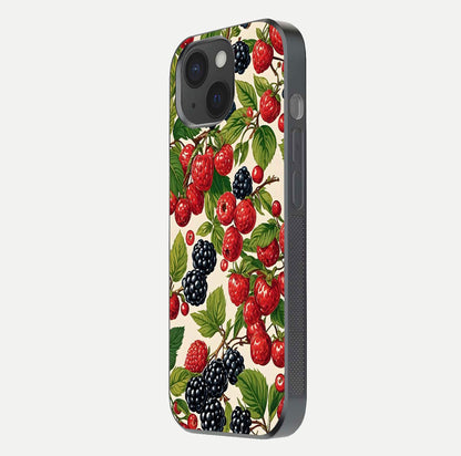 Mixed Berry Collage Glass Case for iPhone 15 side-angle image showing reflection and HD fruit texture
