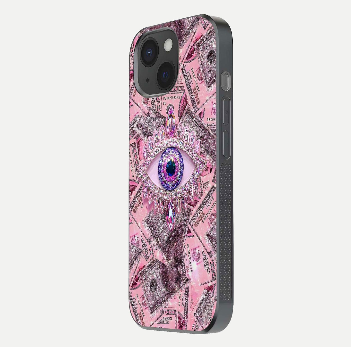 Money Eye Luxe Glass Case for iPhone 15 side-angle image showing HD reflection and luxury print clarity