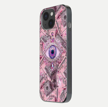 Money Eye Luxe Glass Case for iPhone 15 side-angle image showing HD reflection and luxury print clarity