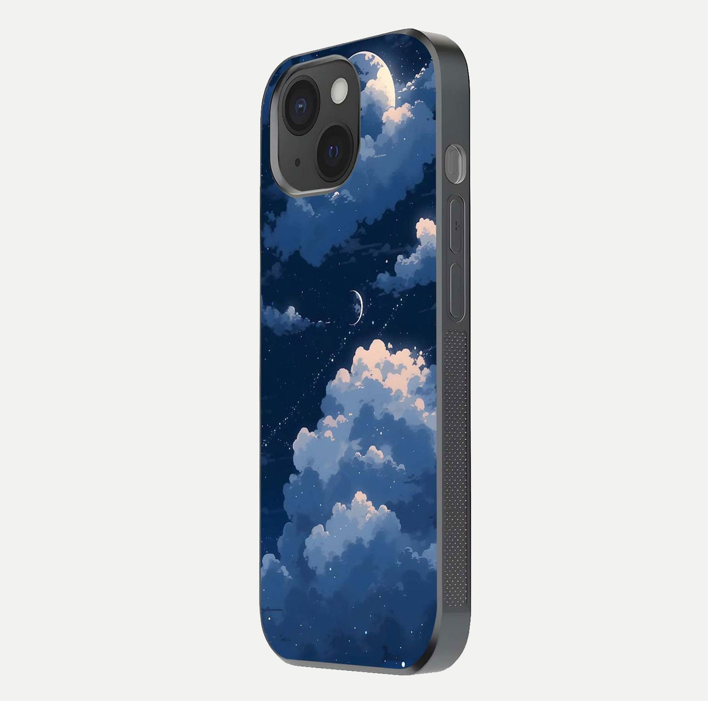 Moon Dream Haze Glass Case for iPhone 15 side-angle image showing HD reflection and moonlight detailing