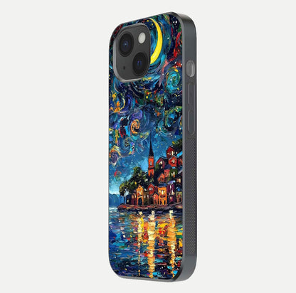 Moonlight Harbor Glow Glass Case for iPhone 15 side-angle image showing reflective surface and ocean tones