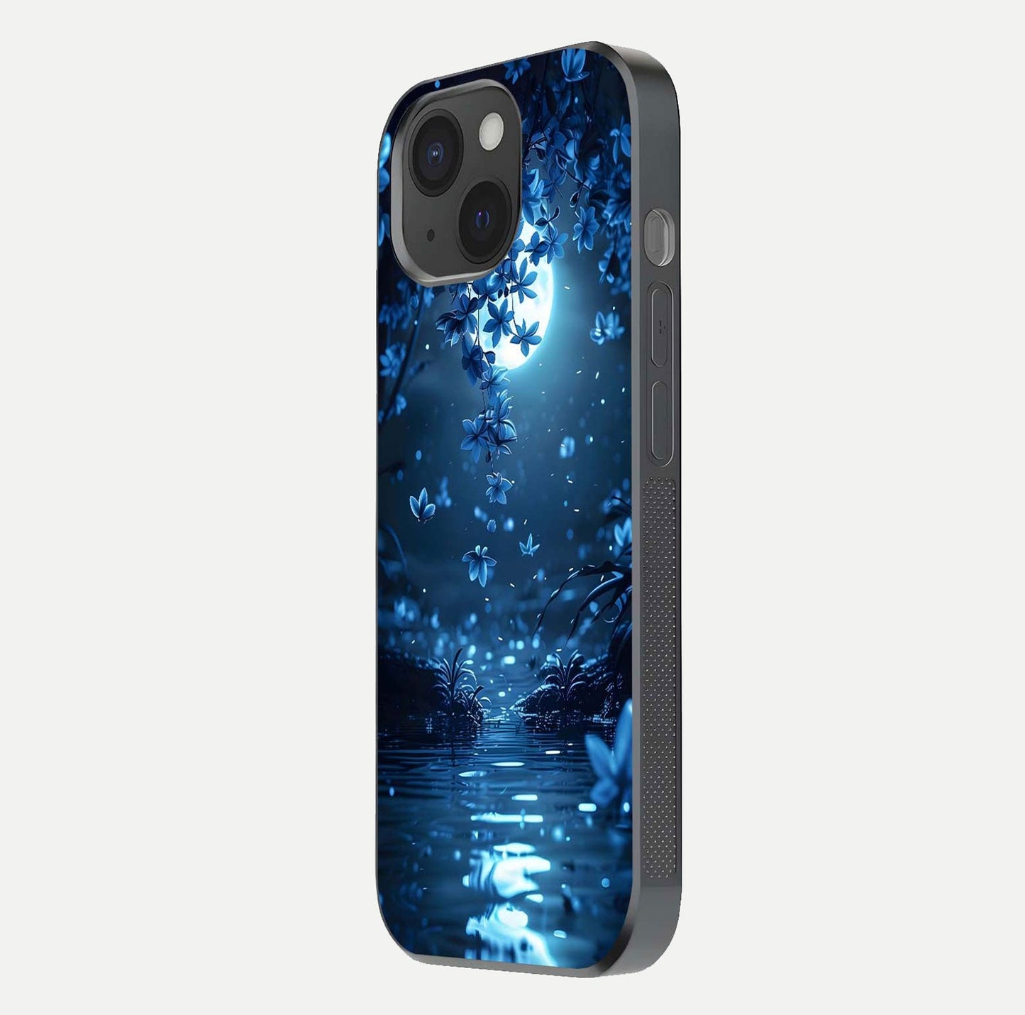 Moonlight Petal Dream Glass Case for iPhone 15 side-angle image showing reflection and petal detail