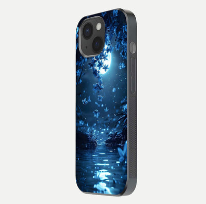 Moonlight Petal Dream Glass Case for iPhone 15 side-angle image showing reflection and petal detail
