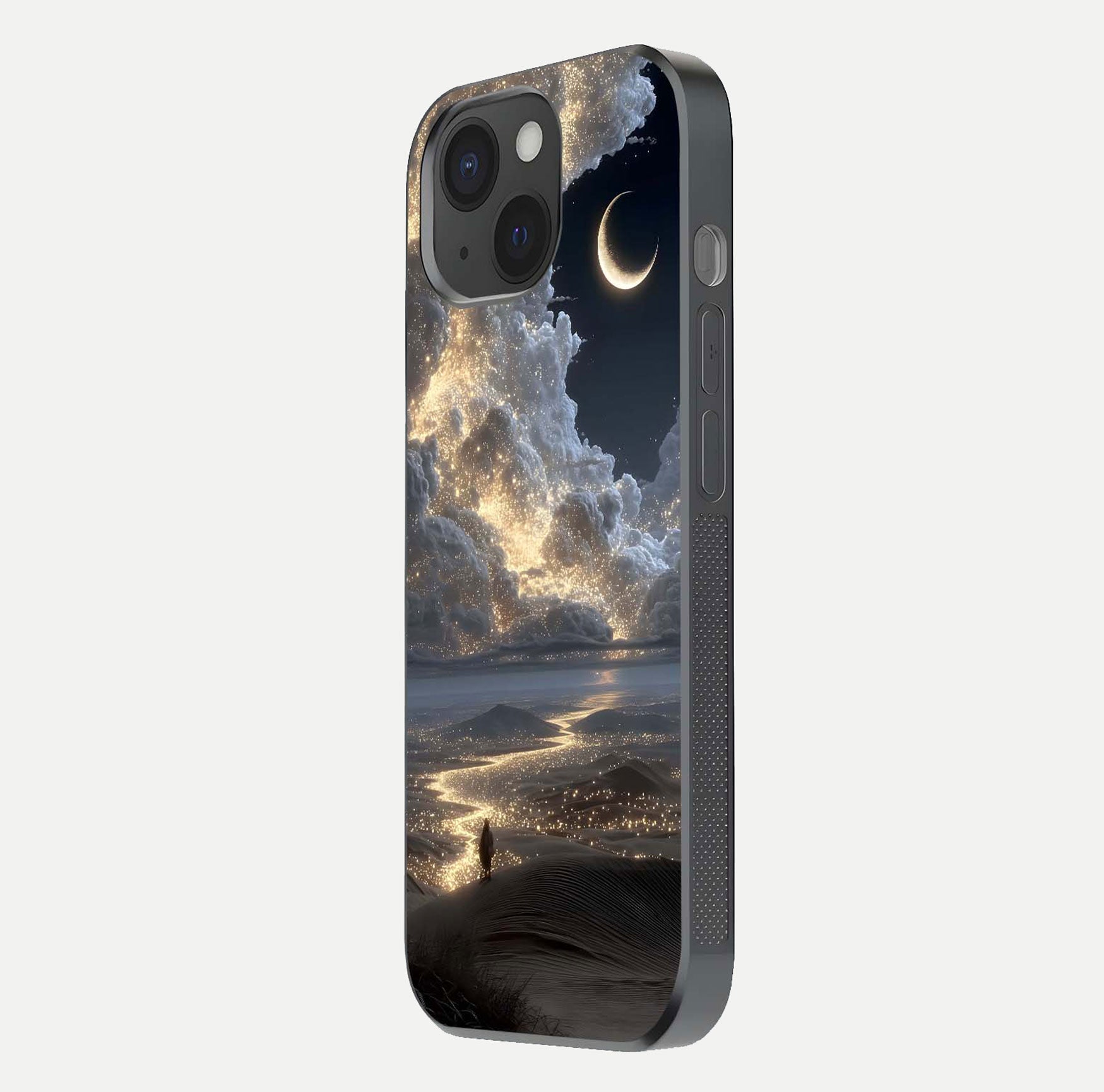 Moonlight Spark Path Glass Case for iPhone 15 side-angle image showing reflection and moonlit detail