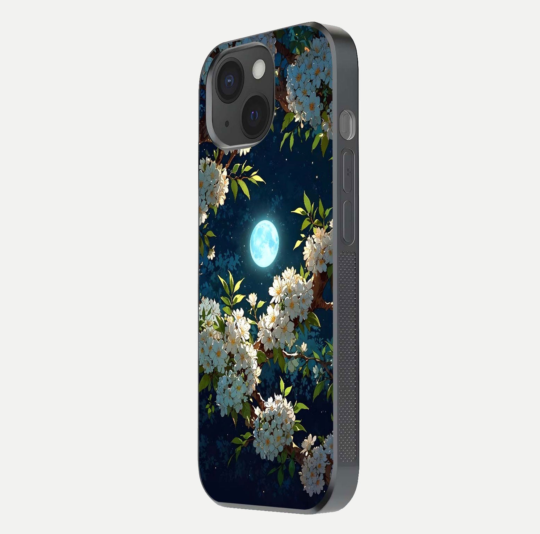 Moonlit Blossom Dream Glass Case for iPhone 15 side-angle image showing shine depth and flower glow