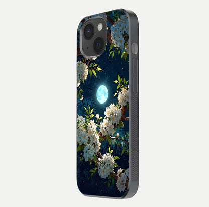 Moonlit Blossom Dream Glass Case for iPhone 15 side-angle image showing shine depth and flower glow