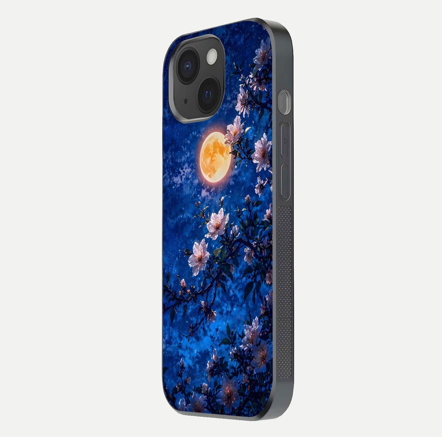 Moonlit Blossoms Night Glass Case for iPhone 15 side-angle image revealing shine and night bloom texture