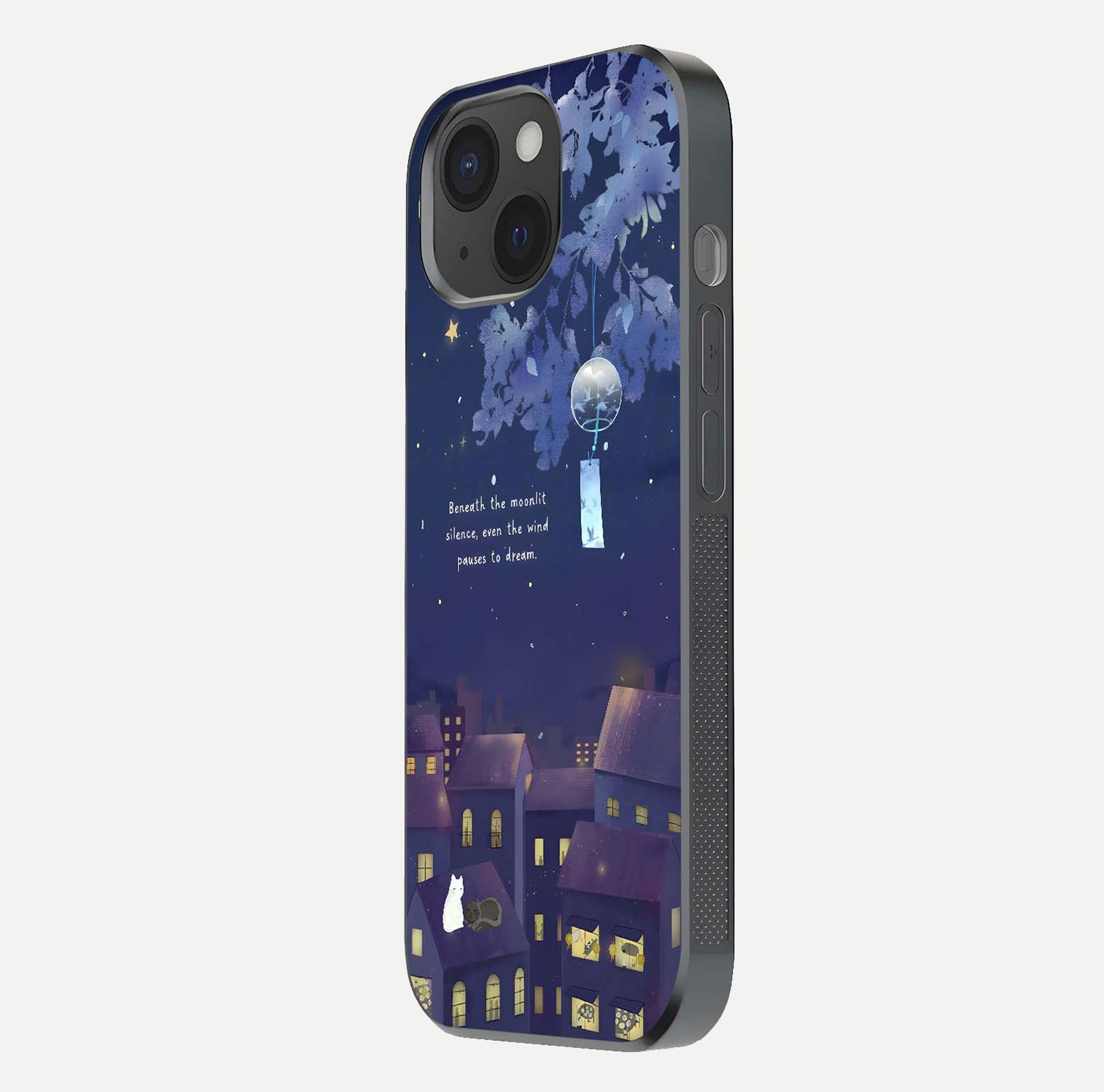 Moonlit Cat Silence Glass Case for iPhone 15 side-angle image showing HD gloss and feline artwork detail