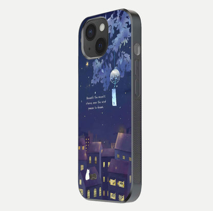 Moonlit Cat Silence Glass Case for iPhone 15 side-angle image showing HD gloss and feline artwork detail