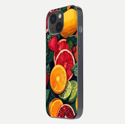 Multiple Fruits Glass Case for iPhone 15 side-angle image showing glossy surface and vivid fruit pattern