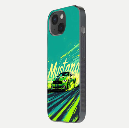 Mustang Bang Glass Case for iPhone 15 side-angle image showing reflection clarity and bold car artwork