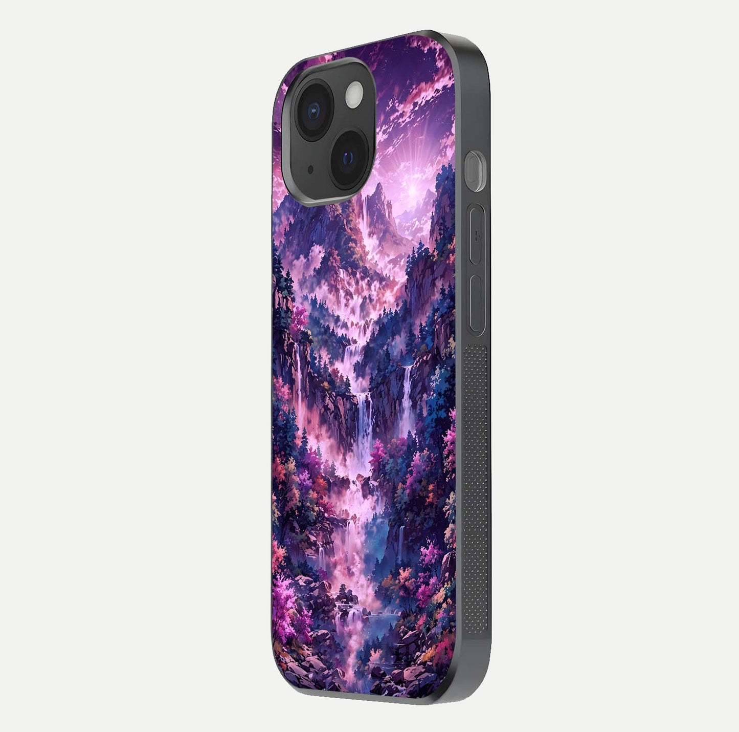Mystic Cascade Peaks Glass Case for iPhone 15 side-angle image showing reflection and scenic art clarity