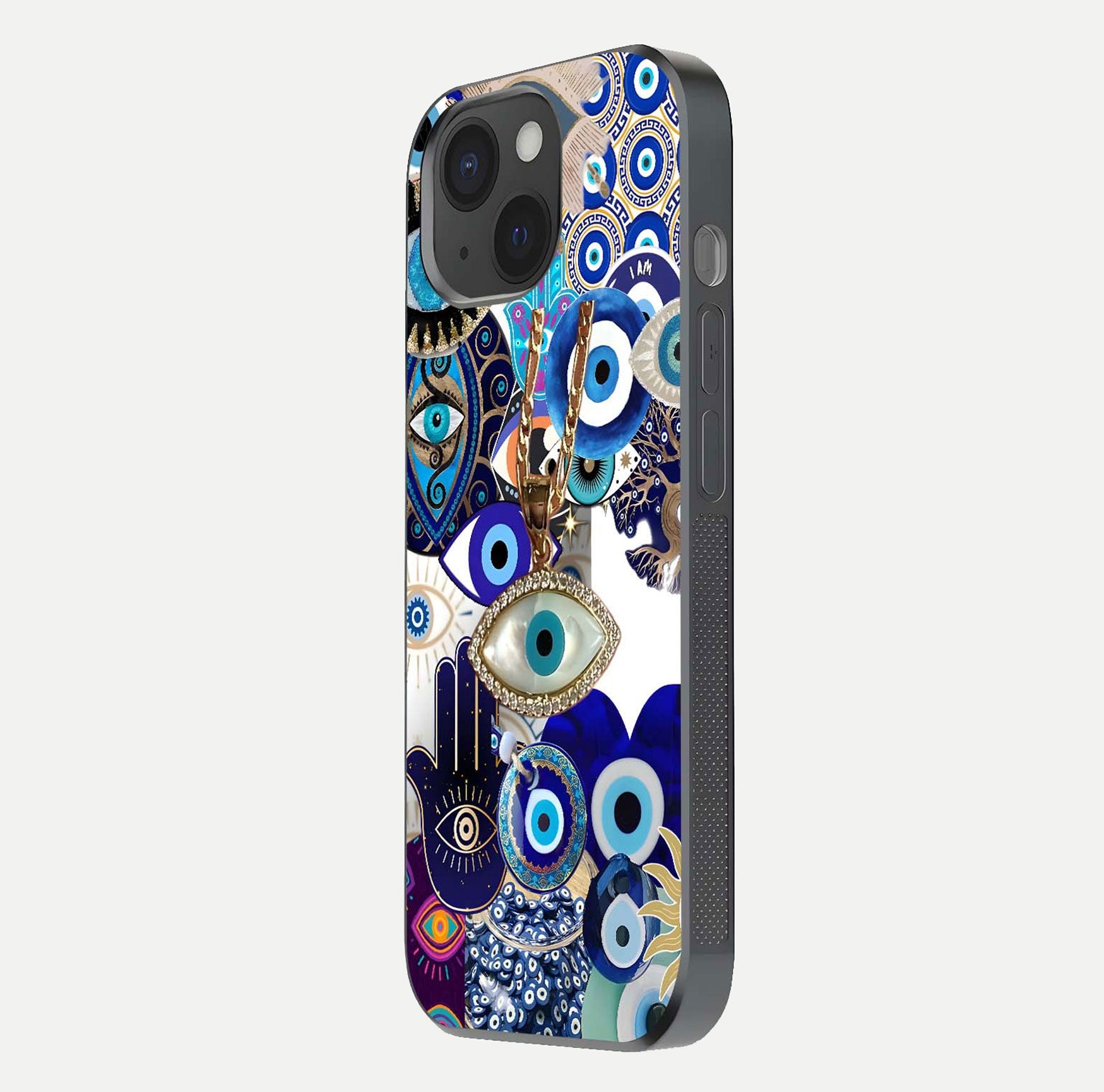 Mystic Charm Eye Glass Case for iPhone 15 side-angle image showing HD reflection and sacred tone