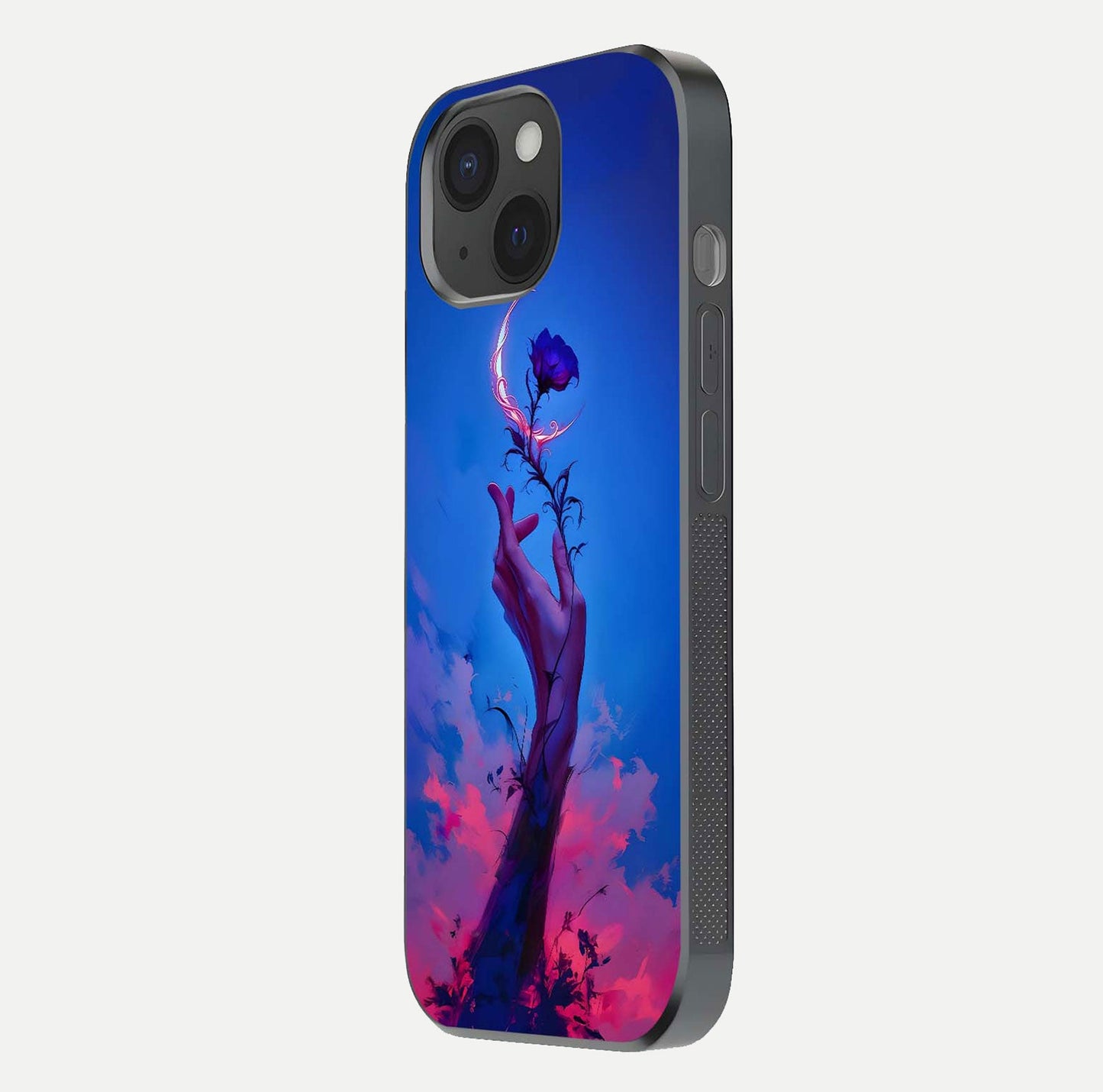 Mystic Hand Glass Case for iPhone 15 side-angle image showing reflection depth and sacred aesthetic