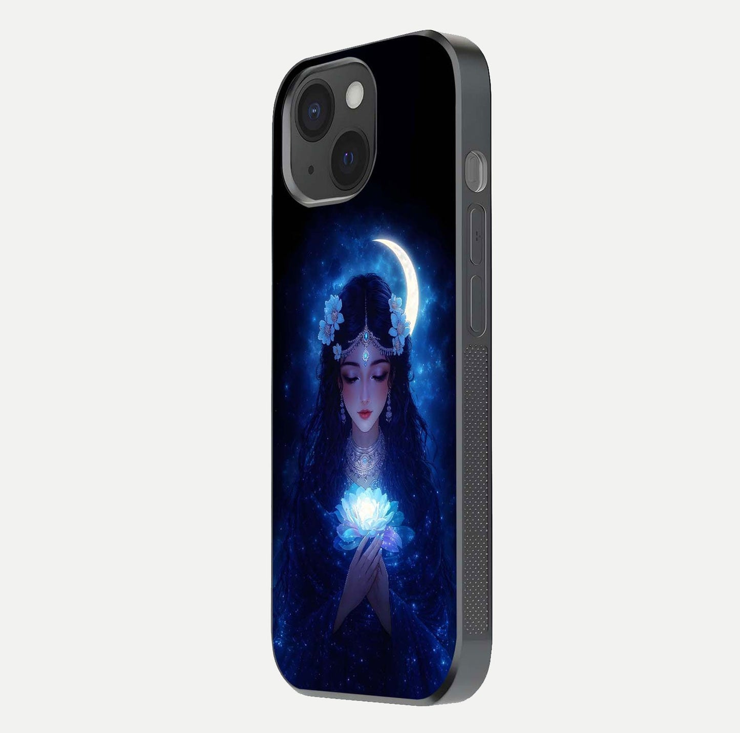 Mystic Moon Queen Glass Case for iPhone 15 side-angle image showing reflection and celestial details