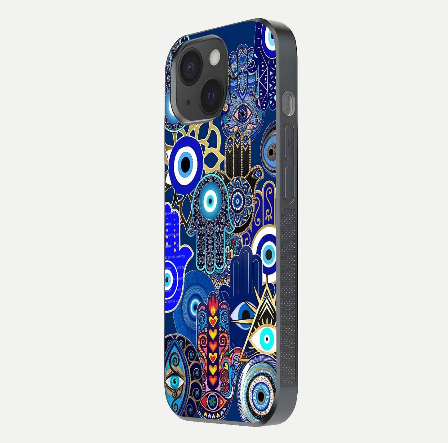 Mystic Palm Guard Glass Case for iPhone 15 side-angle image showing shine depth and sacred motif