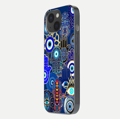 Mystic Palm Guard Glass Case for iPhone 15 side-angle image showing shine depth and sacred motif