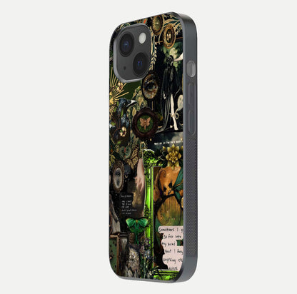 Mystic Woods Secret Glass Case for iPhone 15 side-angle image showing gloss reflection and forest pattern