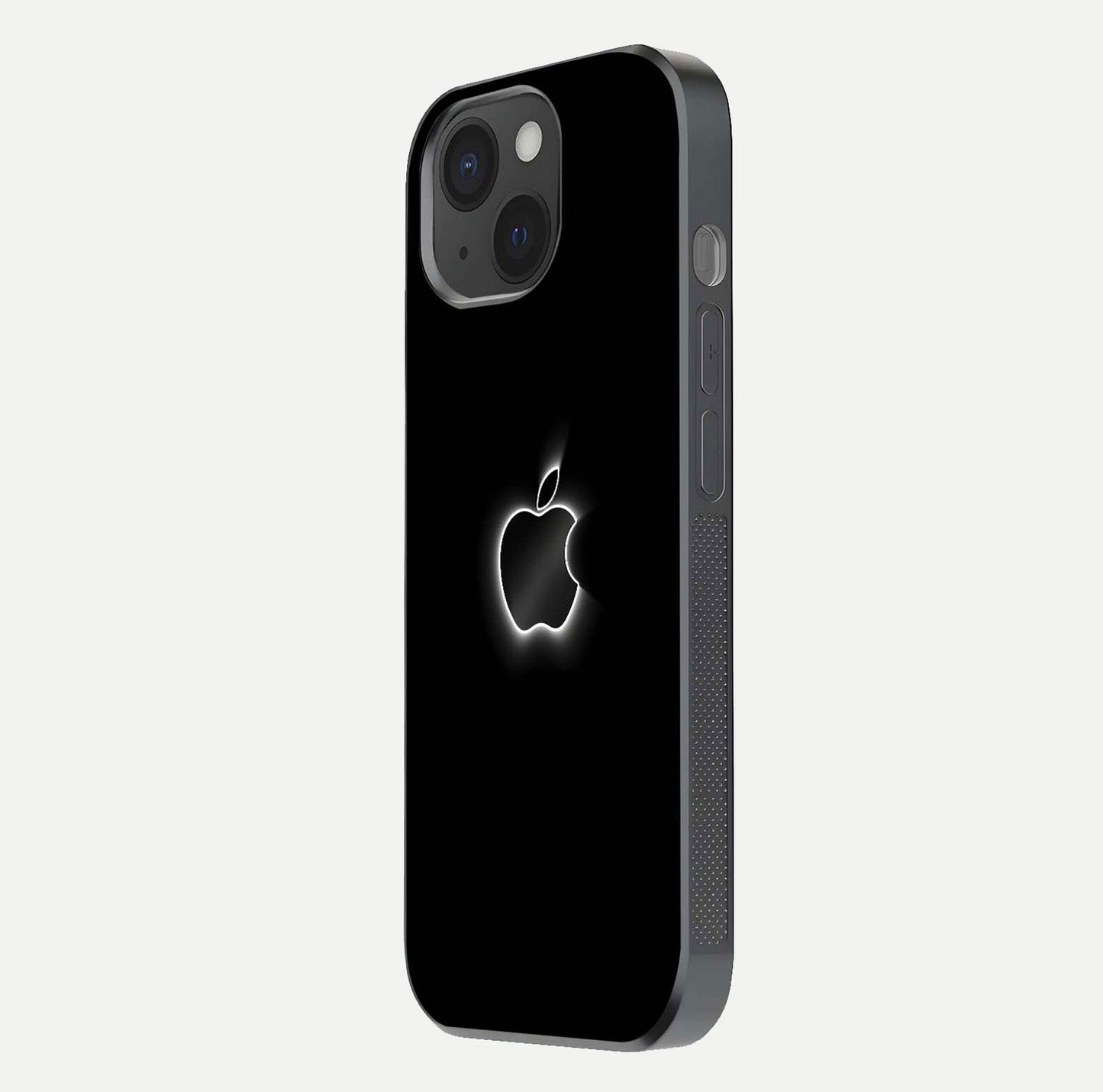 Neon Apple Glow Glass Case for iPhone 15 side-angle image showing light reflection and glow effect